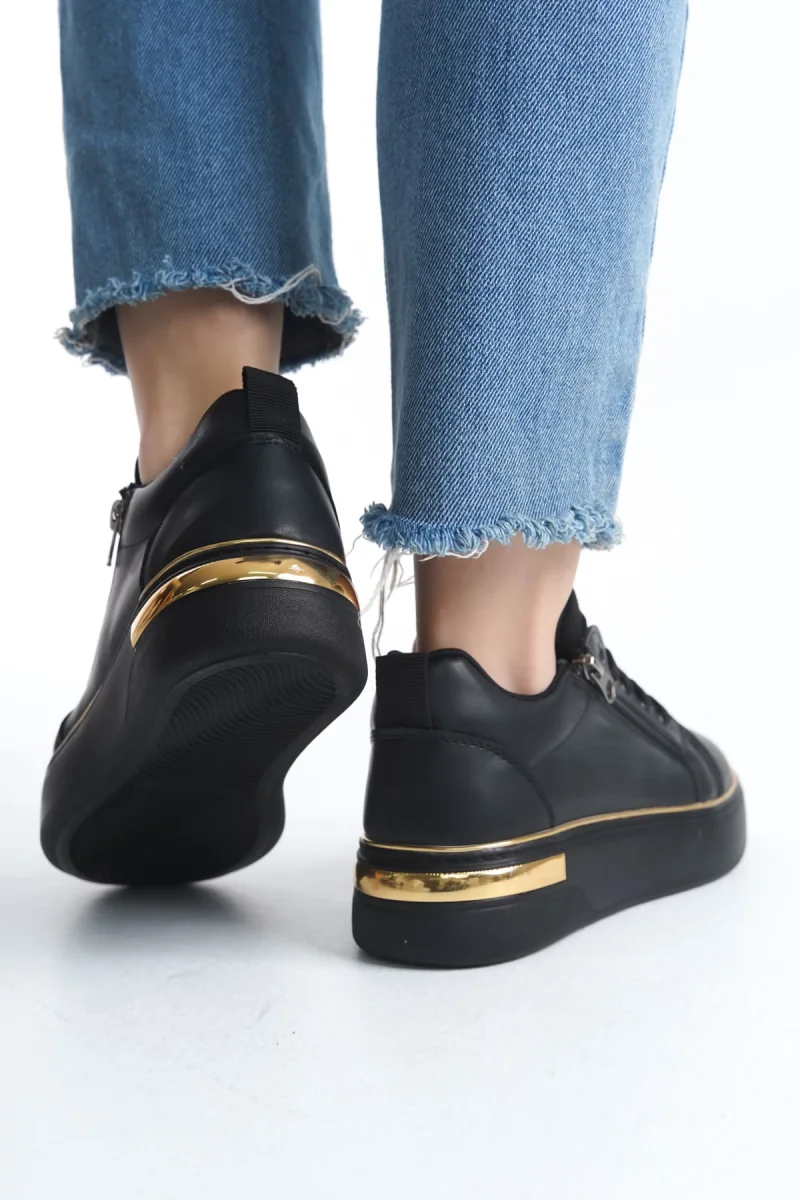 DINA Bağcıklı Fermuarlı Ortopedik Taban Kadın Sneaker Spor Ayakkabı  CST - Siyah/Altın