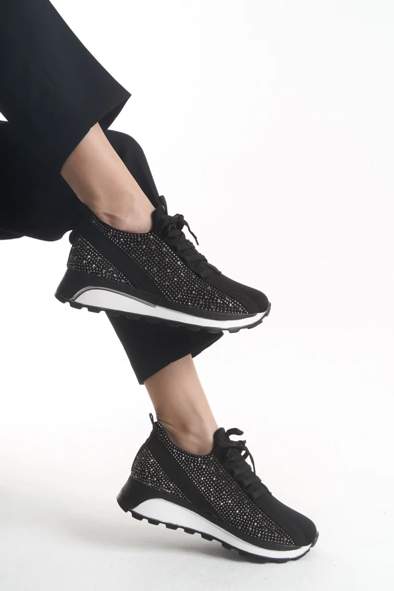 ALYA Bağcıklı Ortopedik Taban Taşlı Kadın Sneaker Spor Ayakkabı CBT - Siyah