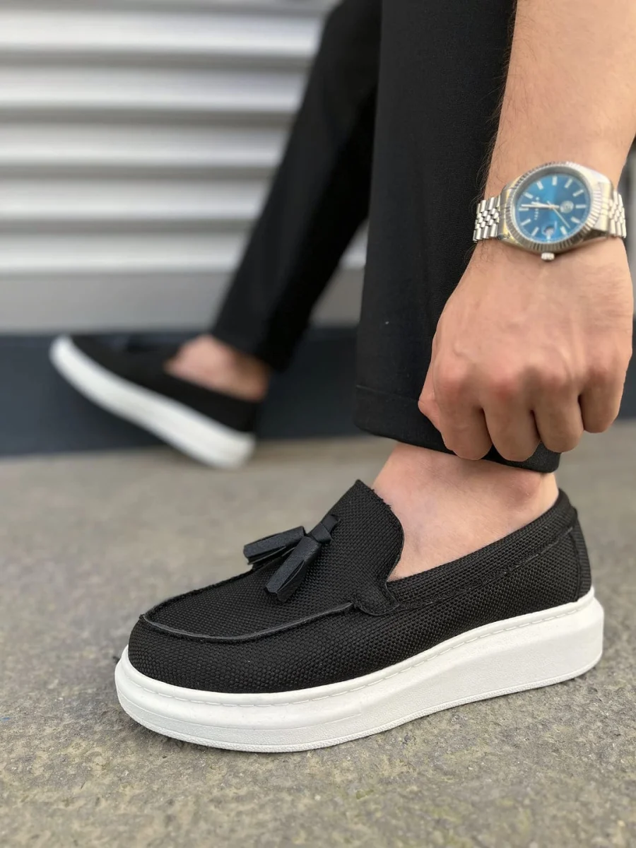 JY154 Blaze Bağcıksız Püsküllü Keten Erkek Günlük Spor Klasik Ayakkabı KBT - Siyah