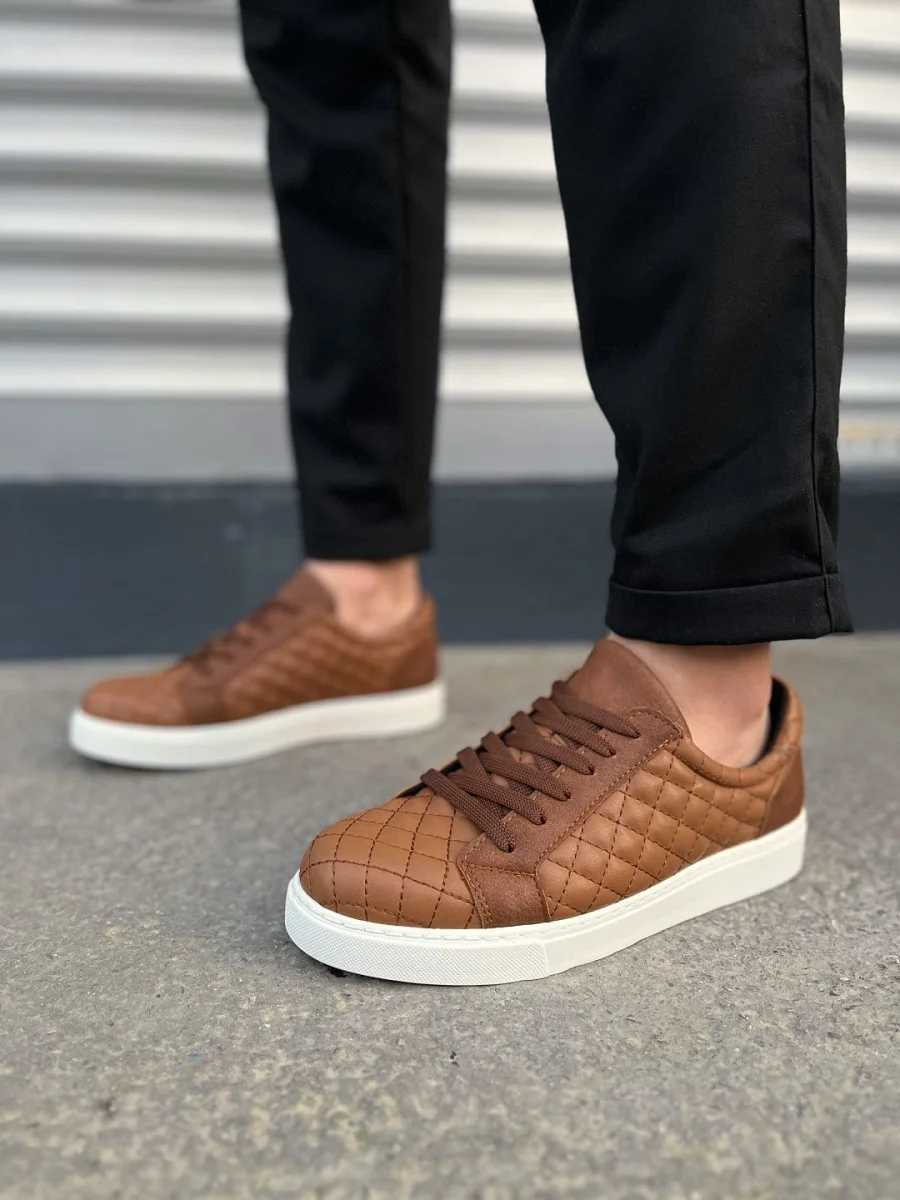 JY166 Prestige Bağcıklı Cilt Kapitone Desenli Erkek Günlük Sneaker Ayakkabı CBT - Taba