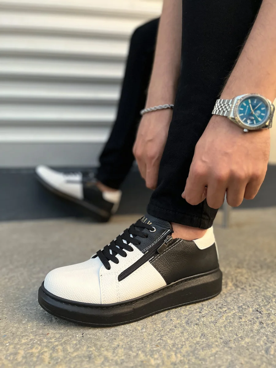 JY155 Warrior Bağcıklı ve Fermuarlı Cilt Erkek Günlük Sneaker Ayakkabı CST - Siyah/Beyaz