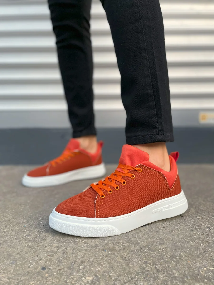 JY204 Flex Bağcıklı Keten Kumaş Erkek Günlük Sneaker Ayakkabı KBT - Turuncu