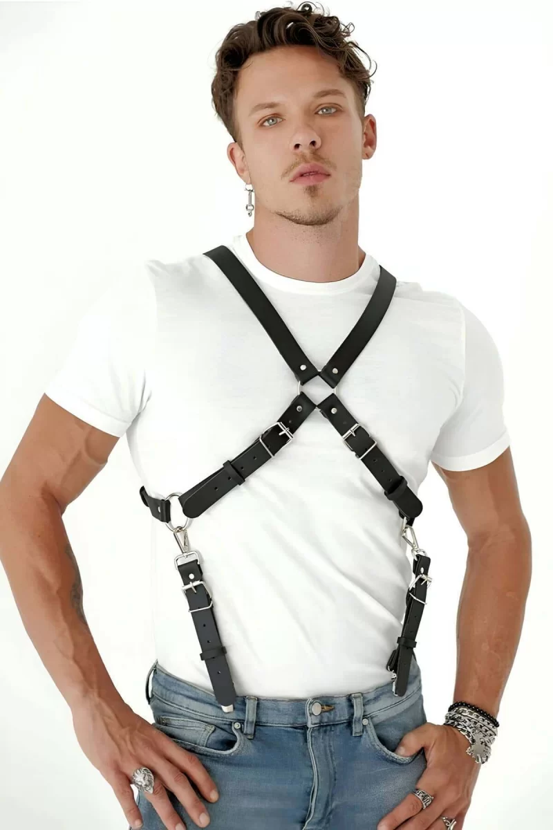 Göğüs Detaylı Arkadan Bağlamalı Erkek  Deri Harness - Brfm84
