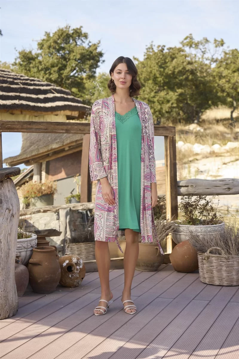 Etnik Deseni Ve Dantelli Sabahlık Takımı