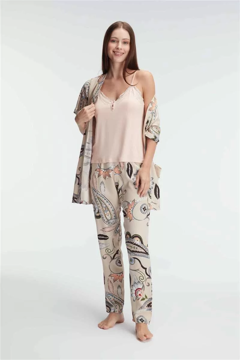 İp Askılı V Yaka Viskon Çiçek Desenli Yazlık Dantel Detaylı Pijama Sabahlık Takımı