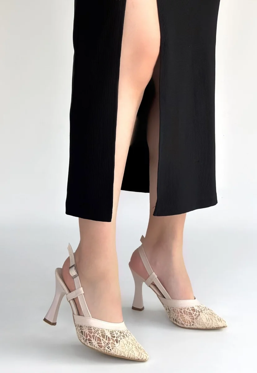 Ceta Bej Cilt Tül Detaylı Topuklu Ayakkabı
