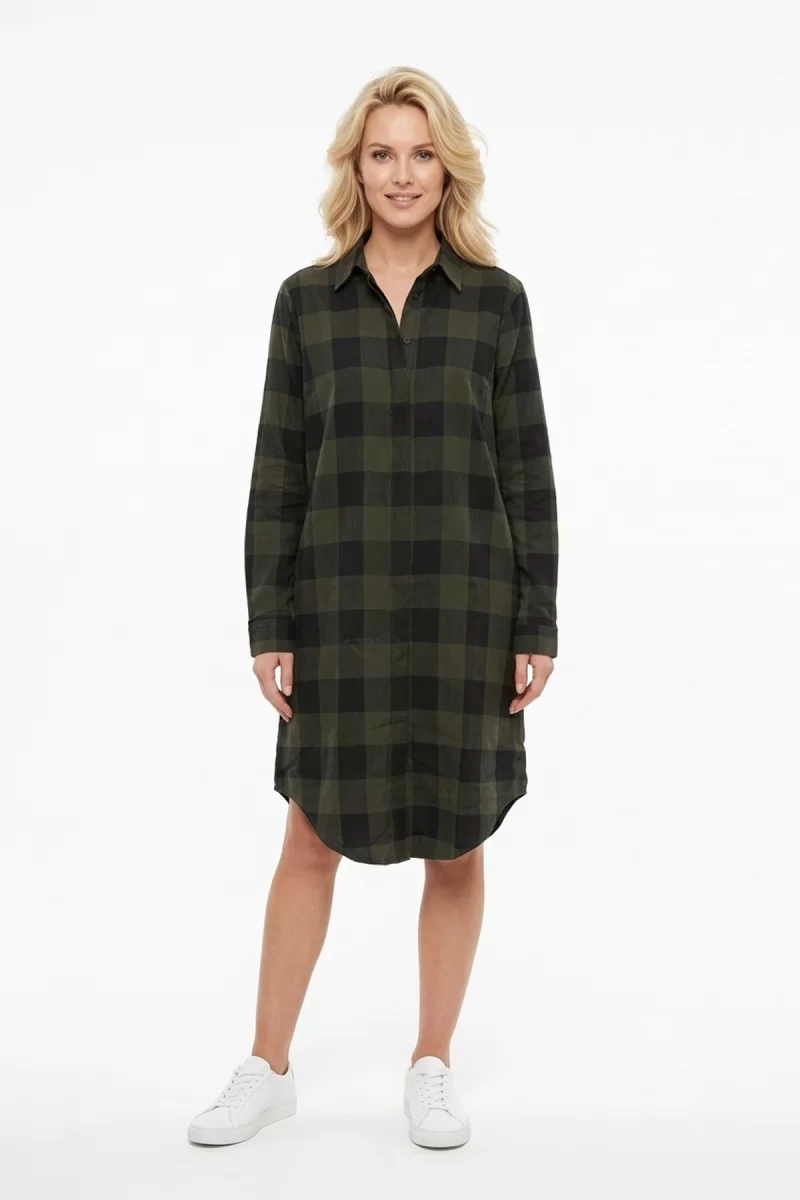 Kadın Haki Siyah Ekose Desenli Düğmeli Uzun Kollu Pamuklu Gömlek Tunik Elbise