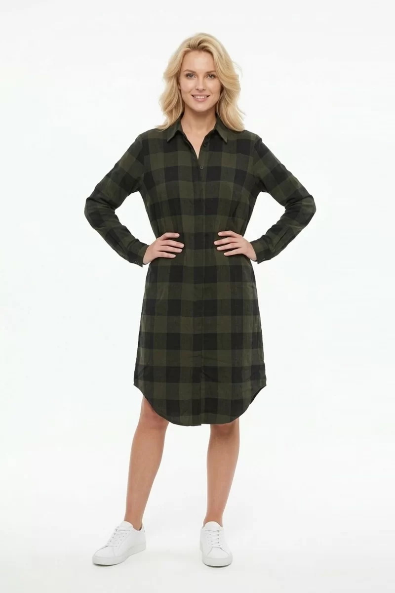 Kadın Haki Siyah Ekose Desenli Düğmeli Uzun Kollu Pamuklu Gömlek Tunik Elbise
