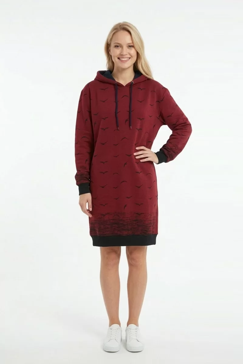 Kadın BordoMartı Desenli Kapüşonlu Cepli Uzun Kollu Jakarlı İnterlok Penye Sweatshirt Elbise