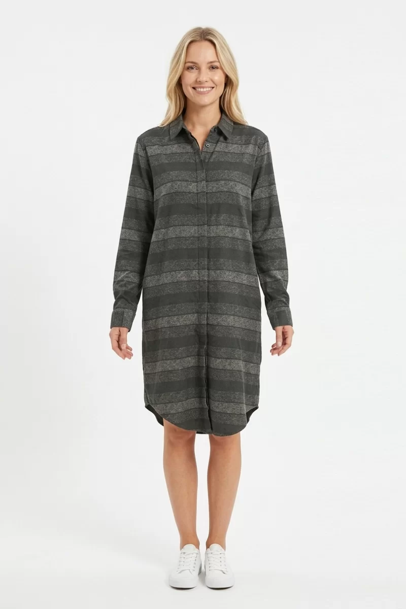 Kadın Haki Yatay Çizgili Boydan Düğmeli Uzun Kollu Gömlek Tunik Elbise