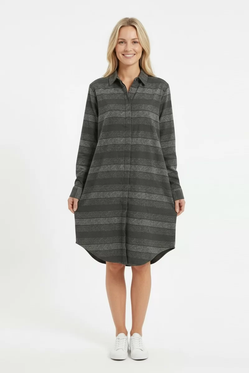 Kadın Haki Yatay Çizgili Boydan Düğmeli Uzun Kollu Gömlek Tunik Elbise