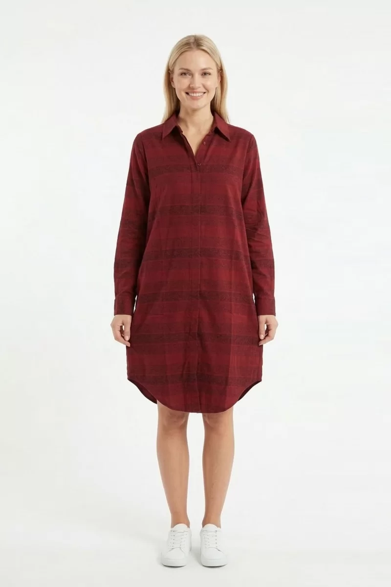 Kadın Bordo Yatay Çizgili Boydan Düğmeli Uzun Kollu Gömlek Tunik Elbise