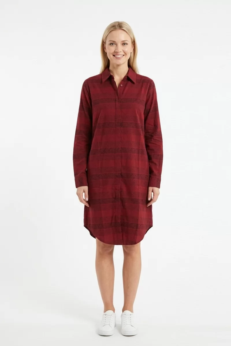 Kadın Bordo Yatay Çizgili Boydan Düğmeli Uzun Kollu Gömlek Tunik Elbise