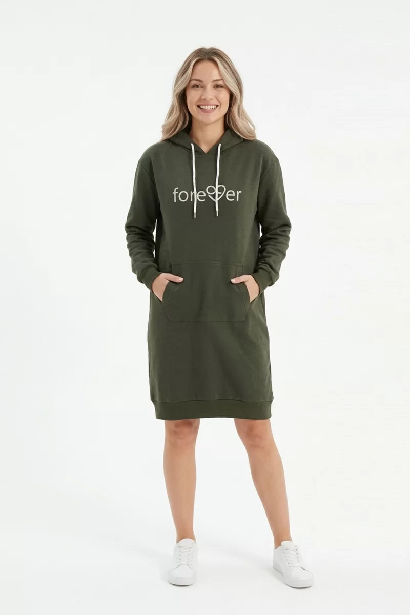 Kadın Haki Forever Baskılı Kapüşonlu Kanguru Cepli Uzun Sweatshirt Tunik Elbise