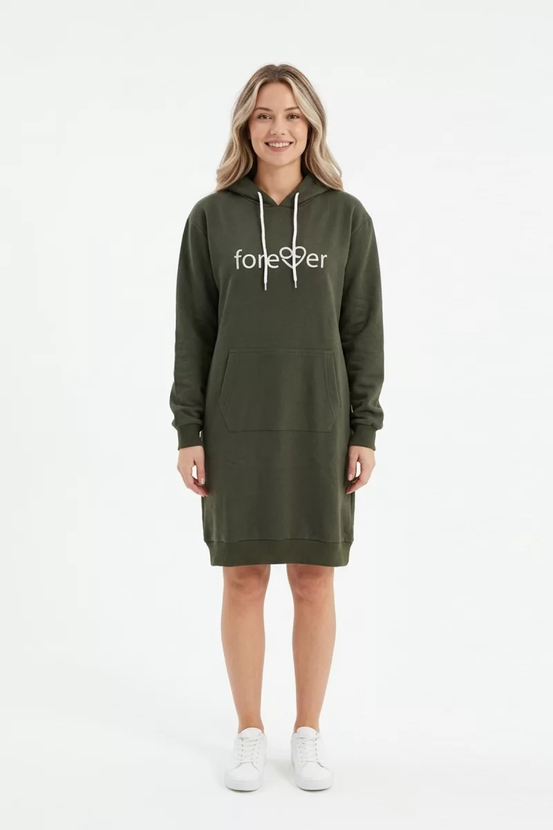 Kadın Haki Forever Baskılı Kapüşonlu Kanguru Cepli Uzun Sweatshirt Tunik Elbise
