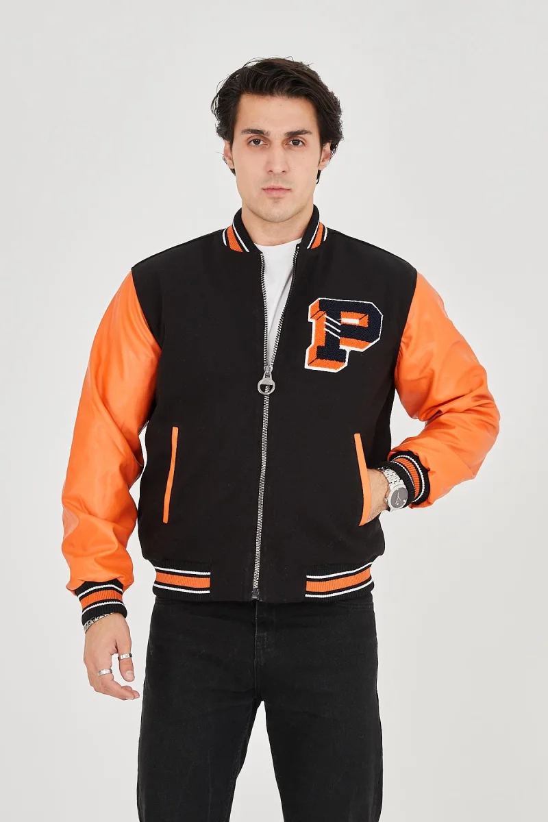 İçten Elyaf ve Astarlı Kolları Suni Deri Ceket - Turuncu -