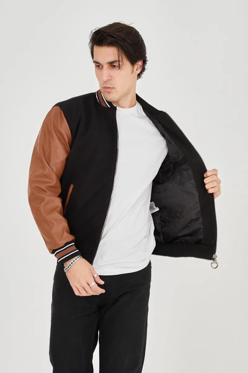 İçten Elyaf ve Astarlı Kolları Suni Deri Ceket - Kahverengi -