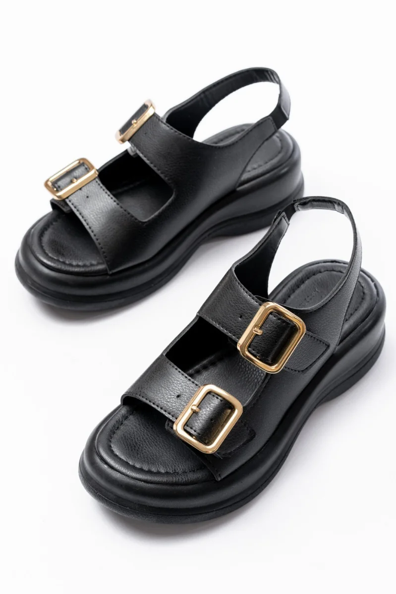 Kaji Siyah Cilt Çift Tokalı Sandalet