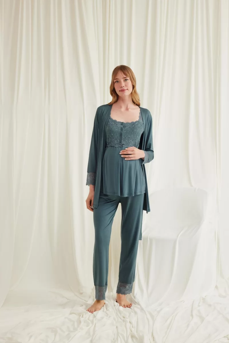 Dantelli Önü Düğmeli Hamile Lohusa 3'lü Viskon Pijama Takımı