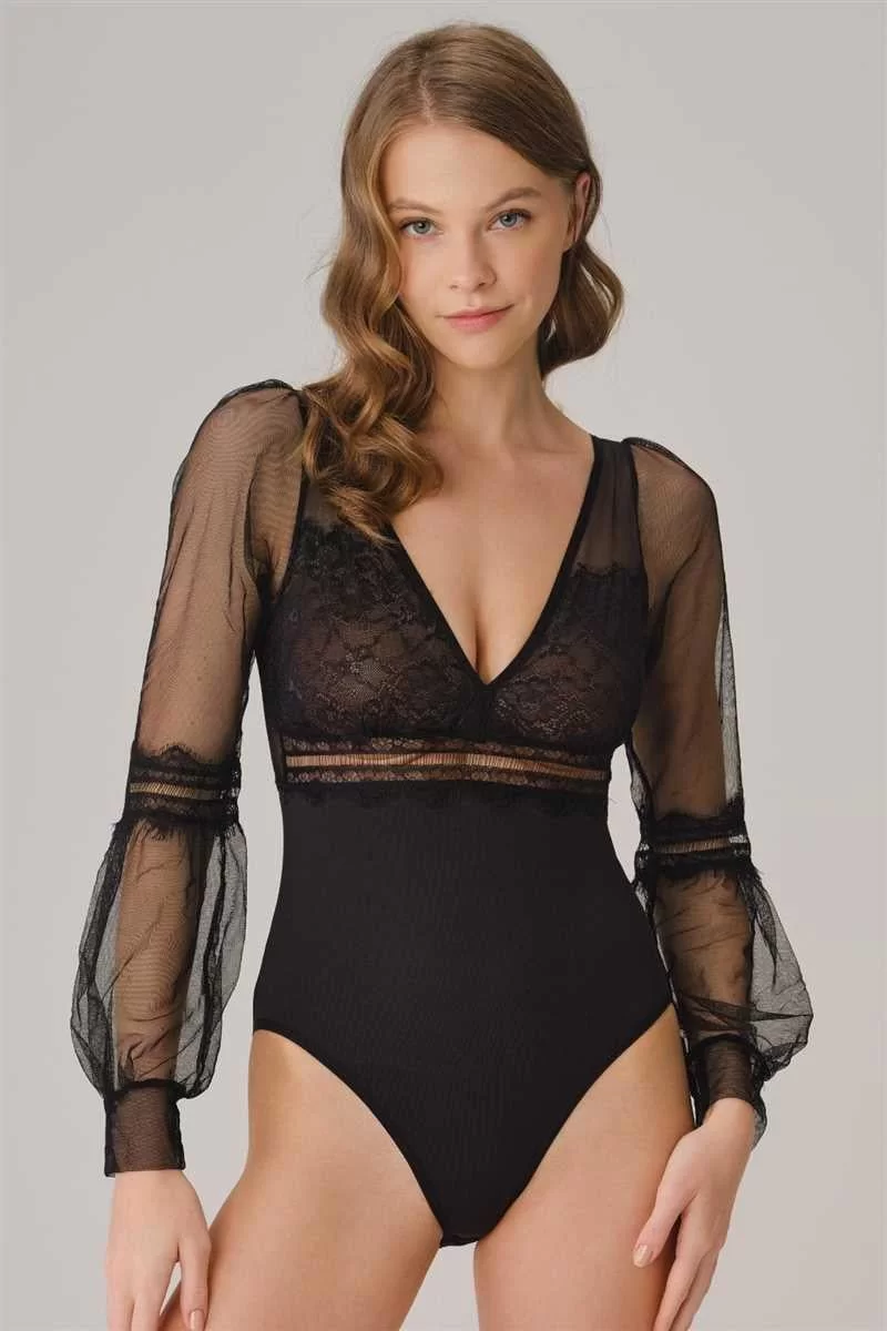 Tüllü Dantelli Uzun Kol Badi