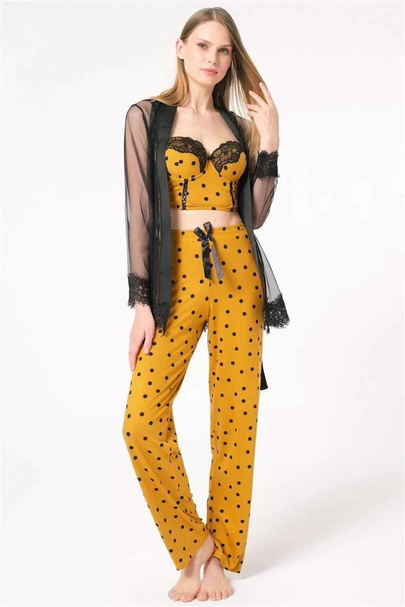 Tül Dantelli Sabahlık Balenli Destekli Dolgulu Puantiyeli Büstiyer Sütyen Ve Pantolon Pijama 3'lü Takım