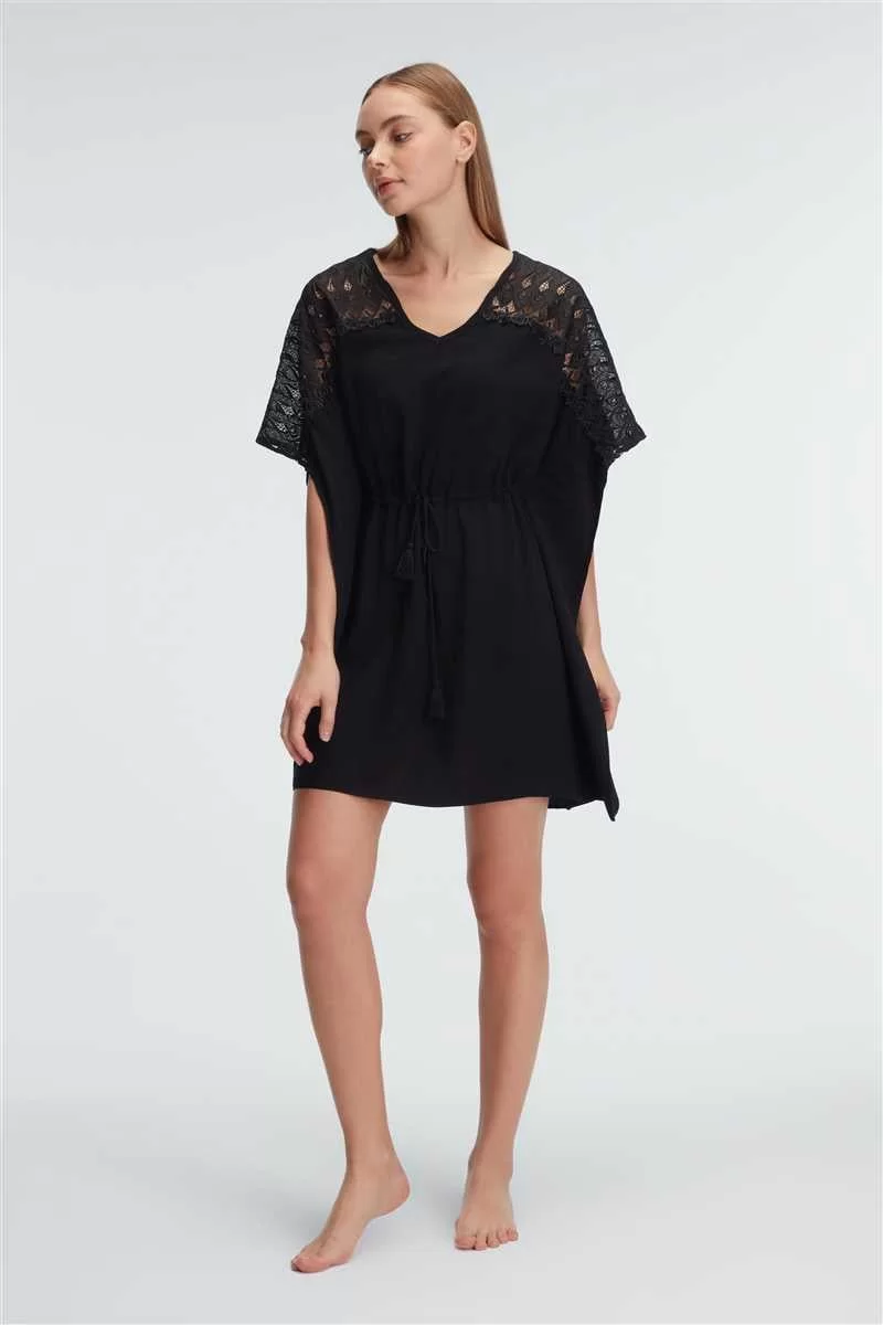 Kısa Kol V Yaka Viskon Düz Yazlık Mini Dantel Detaylı Pijama Takımı