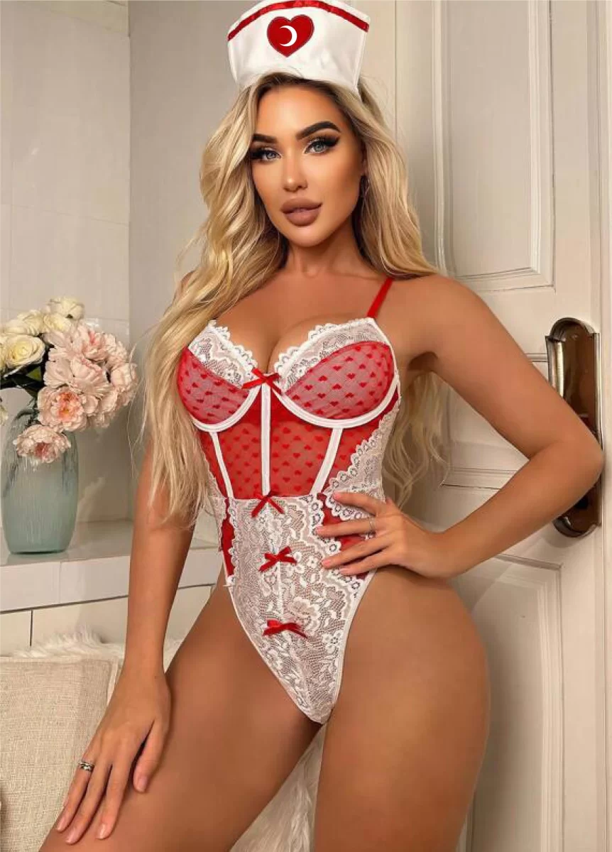 Kırmızı Fantezi Body Hemşire Kostümü