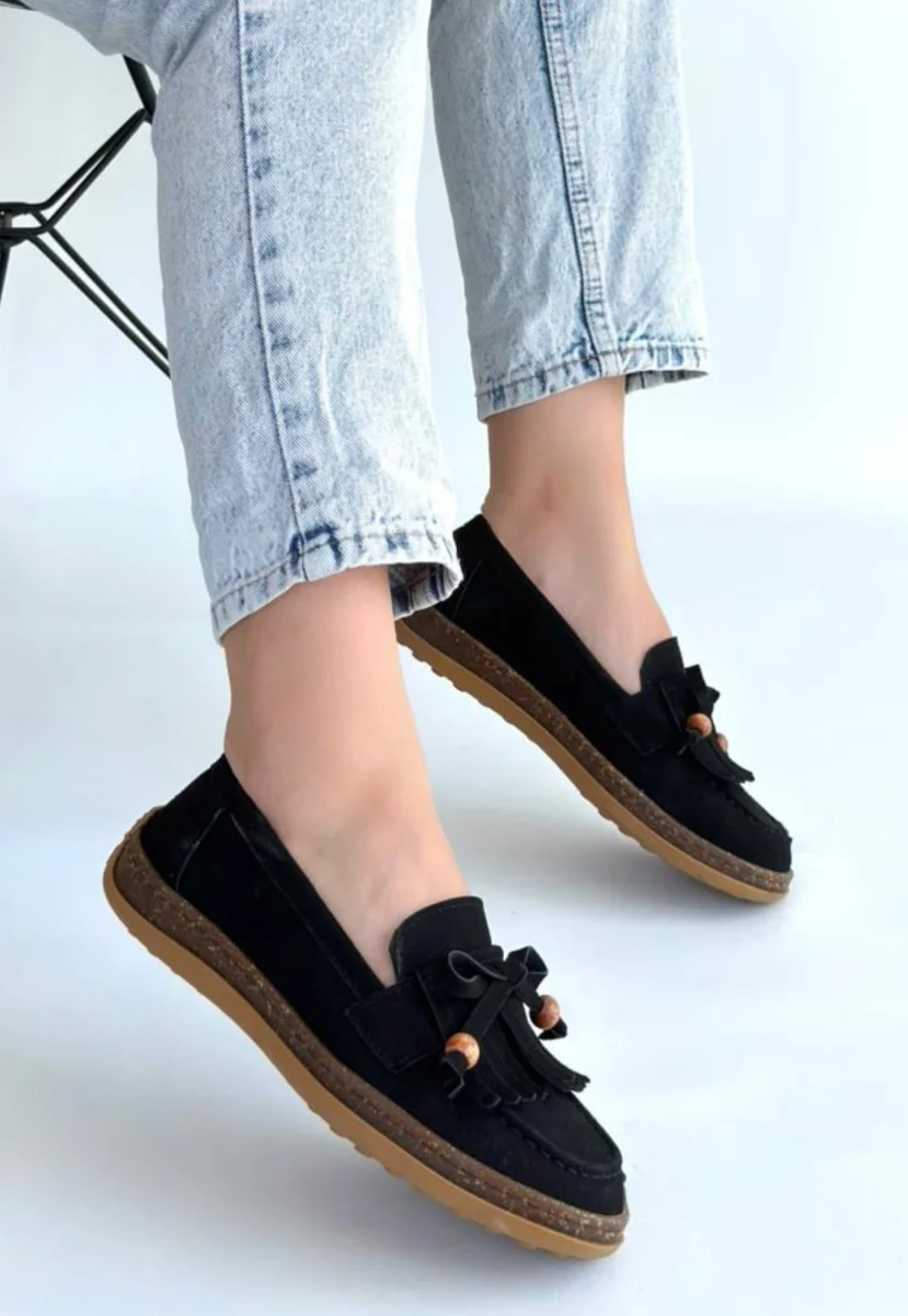 Boriy Siyah Deri Tozu Süet Babet Ayakkabı