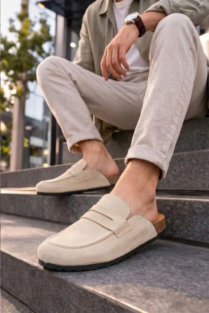 JY0456 Rayn Bağcıksız Hakiki Süet Deri Erkek Günlük Mantar Taban Loafer Klasik Ayakkabı HDMT - Krem