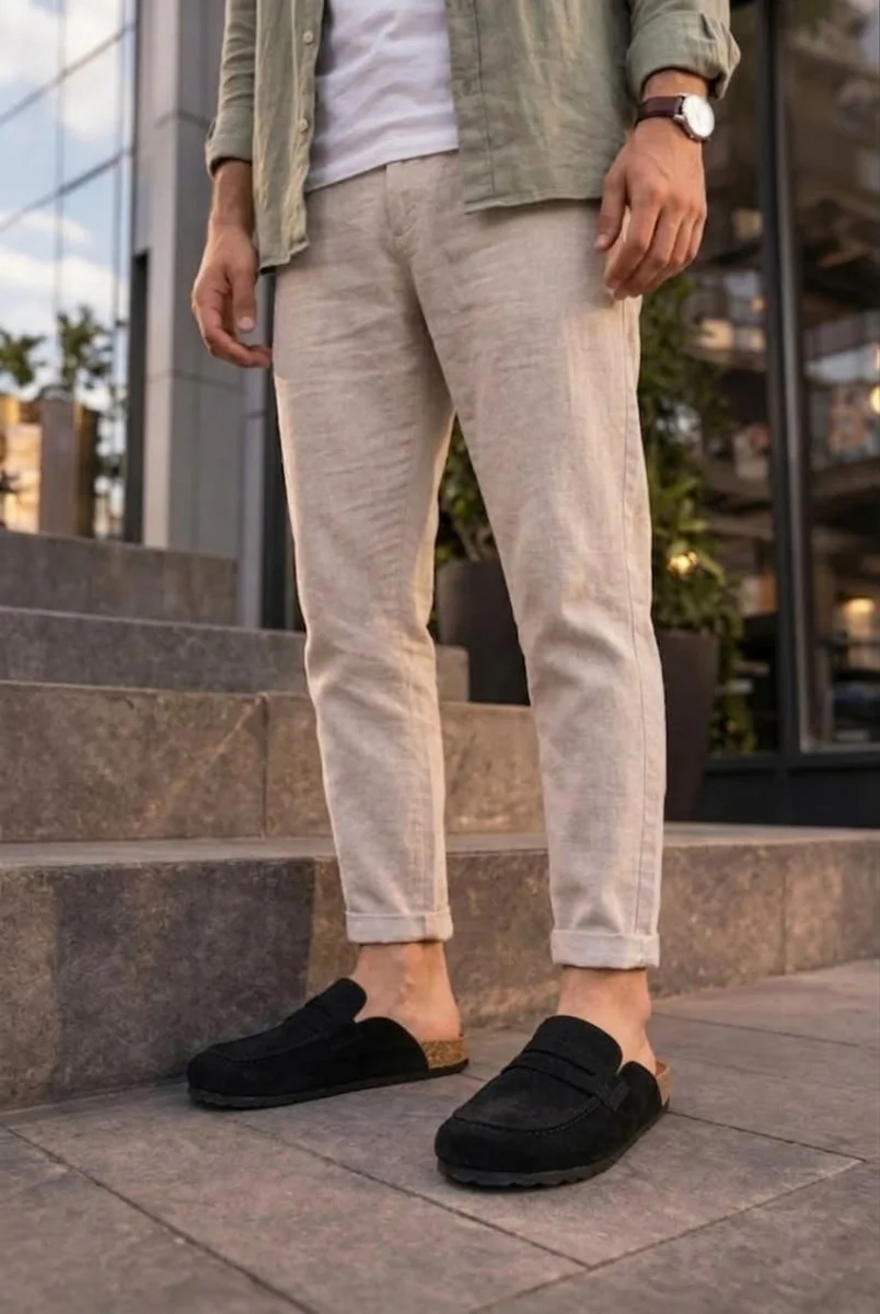 JY0456 Rayn Bağcıksız Hakiki Süet Deri Erkek Günlük Mantar Taban Loafer Klasik Ayakkabı HDMT - Siyah