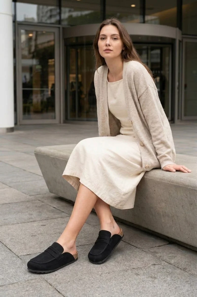 LUVRA Bağcıksız Hakiki Süet Deri Kadın Günlük Mantar Taban Loafer Klasik Ayakkabı HDMT - Siyah