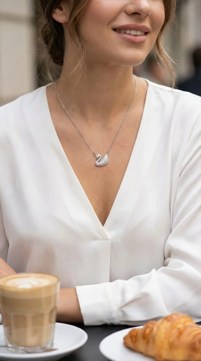 316L Çelik Zincir Gümüş Renk Zirkon Taşlı Kuğu Kolye