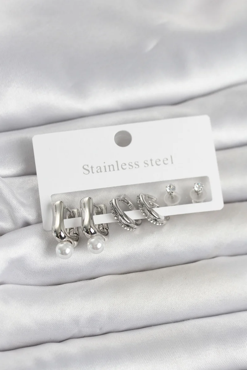 316L Çelik Gümüş Renk Kadın Küpe Seti