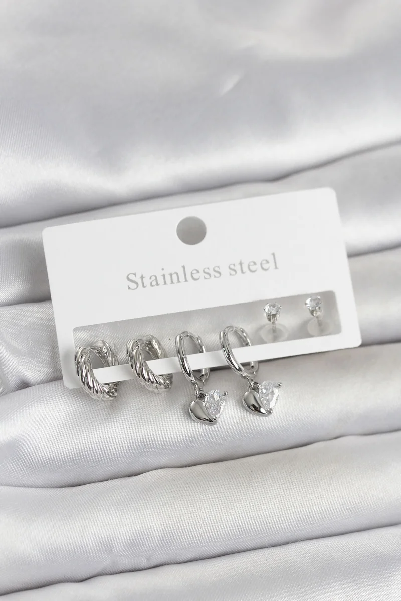 316L Çelik Gümüş Renk Kalp Detaylı Kadın Küpe Seti