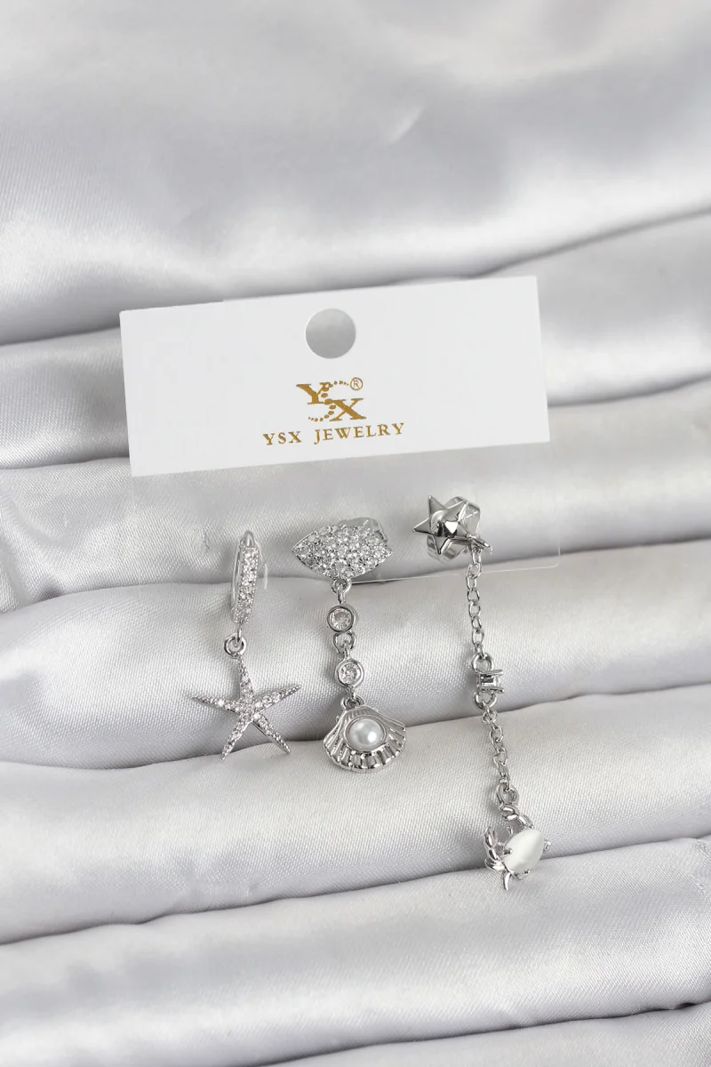 Pirinç Gümüş Renk Zirkon Taşlı Deniz Temalı 3'lü Kadın Küpe