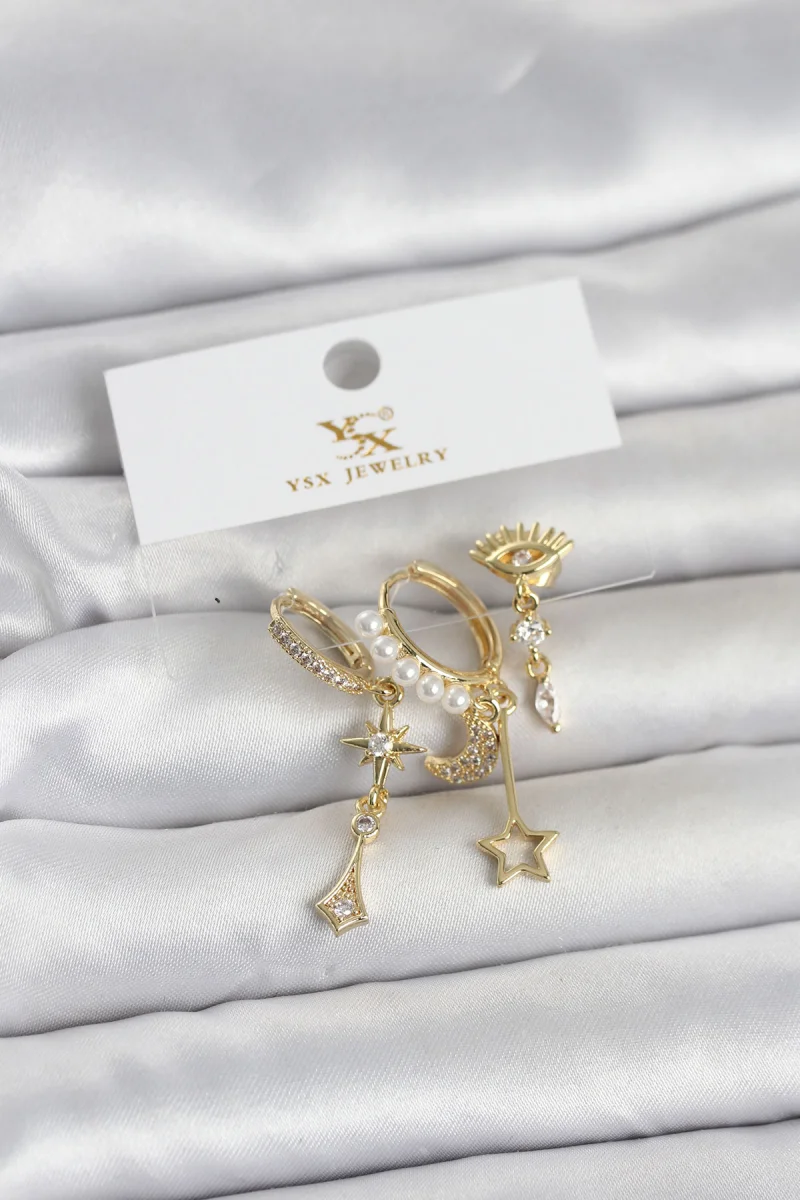 Pirinç Gold Renk Zirkon Taşlı Gece Temalı 3'lü Kadın Küpe