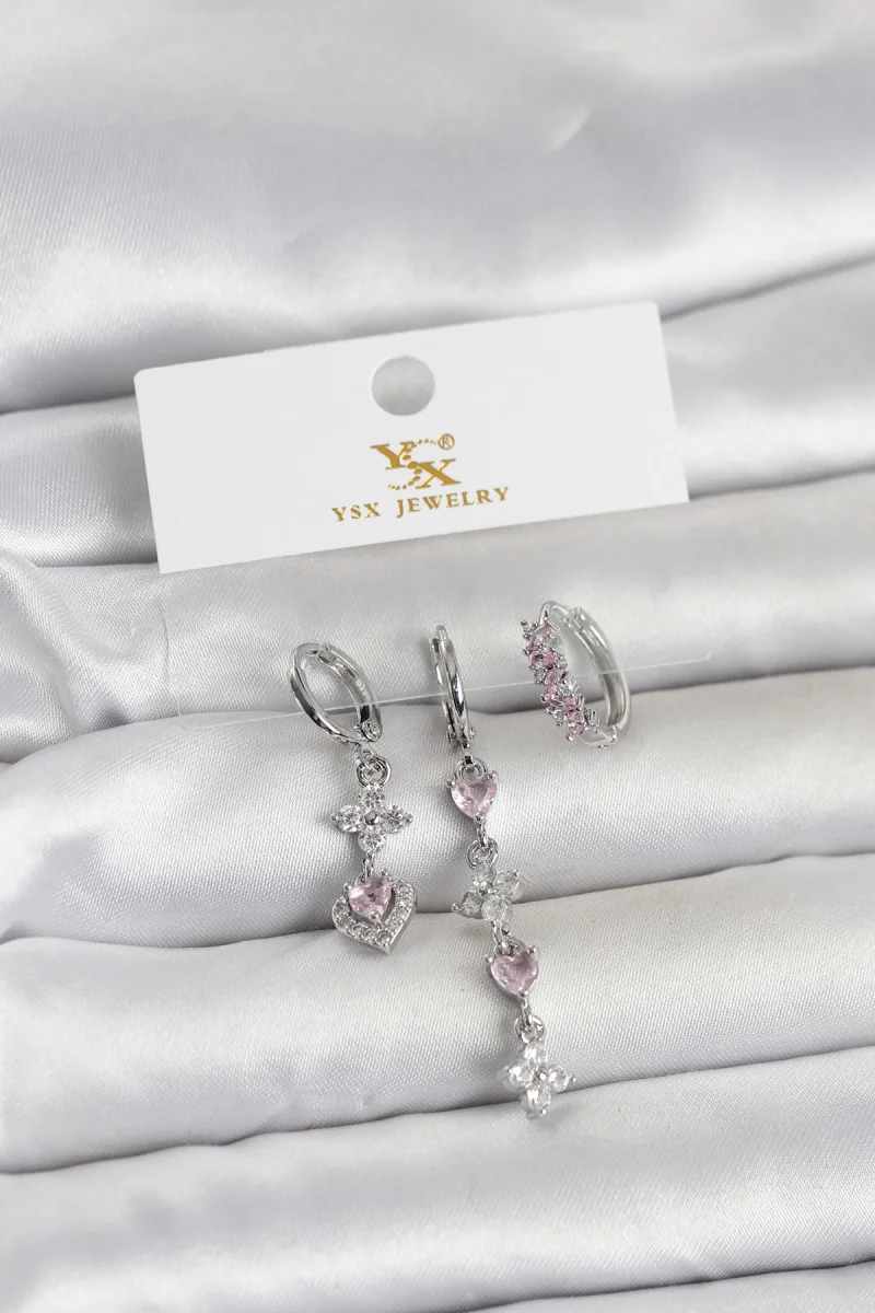 Pirinç Gümüş Renk Pembe Zirkon Taşlı 3'lü Kadın Küpe