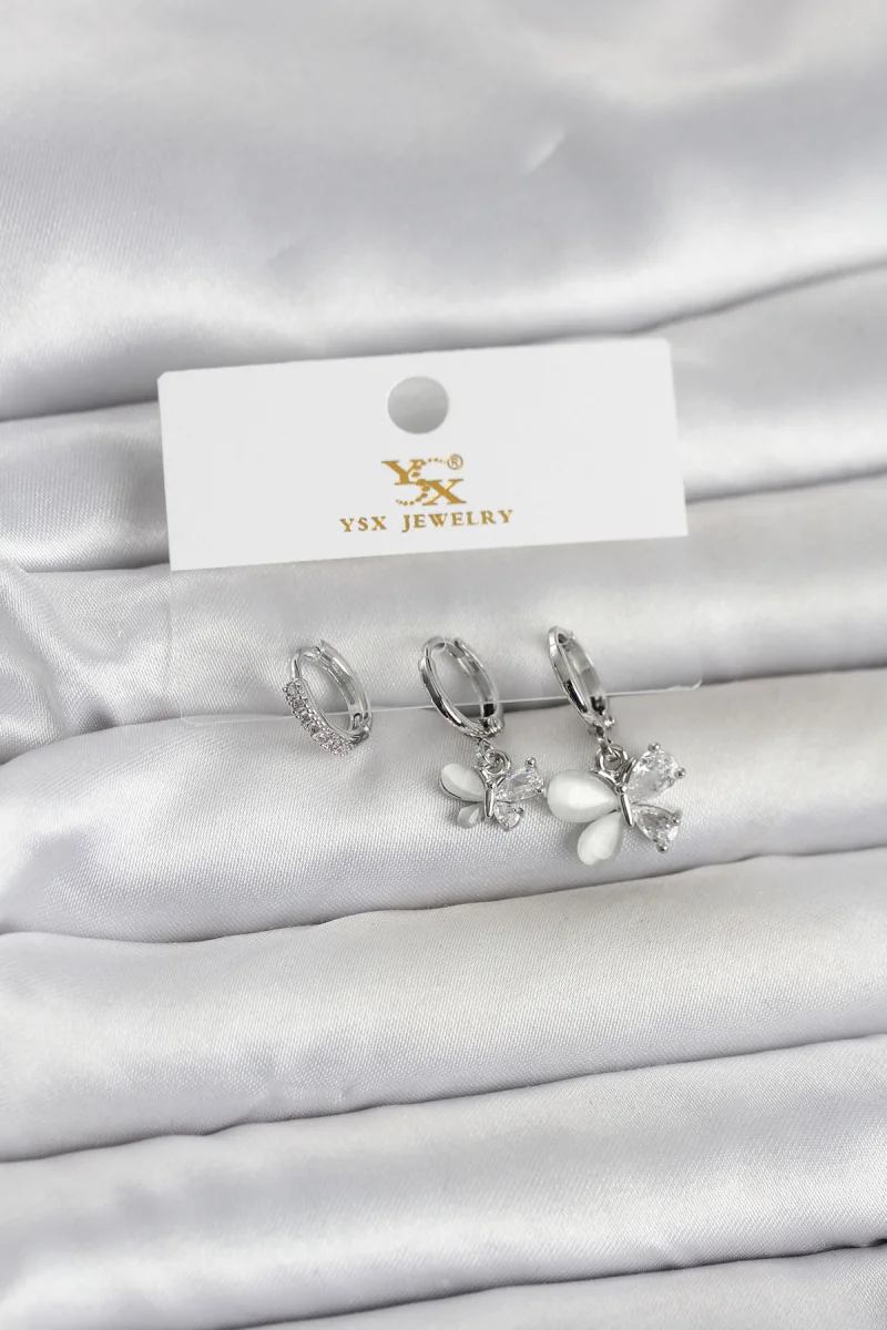 Pirinç Gümüş Renk Kelebek Model 3'lü Kadın Küpe