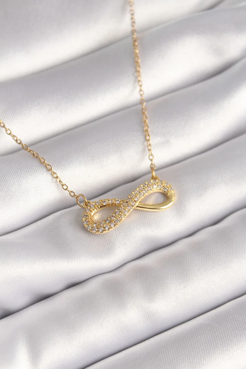 316L Çelik Gold Renk Zincir Zirkon Taşlı Sonsuzluk Model Kadın Kolye
