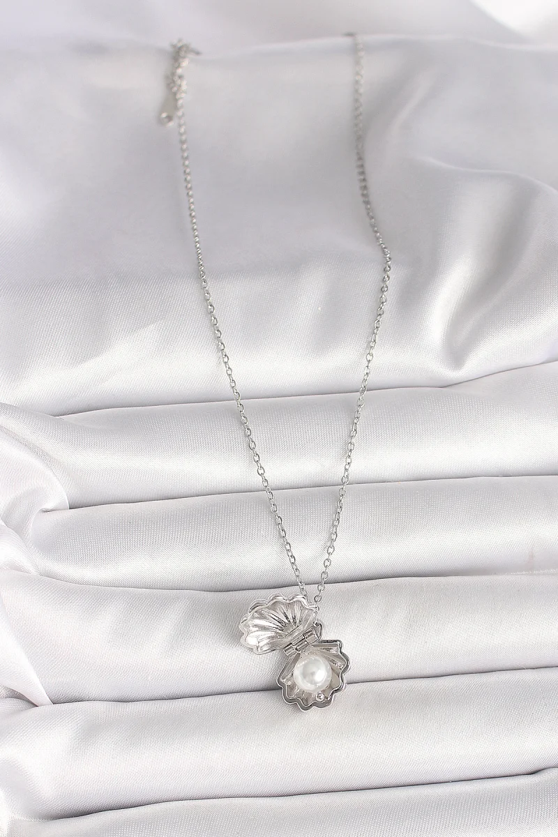 316L Çelik Gümüş Renk Zincir Açılır İncili Midye Model Kadın Kolye