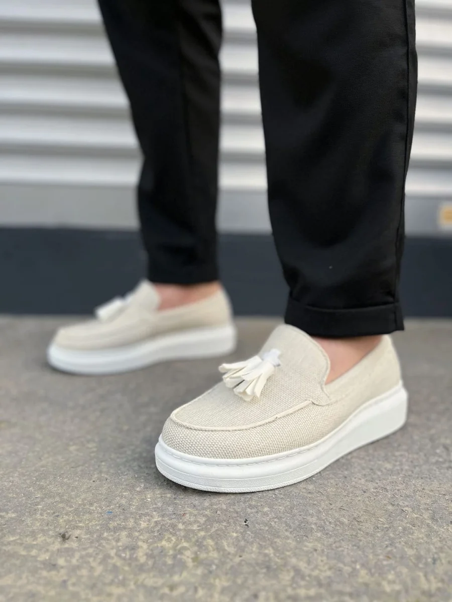 JY154 Blaze Bağcıksız Püsküllü Keten Erkek Günlük Spor Klasik Ayakkabı KBT - Beyaz