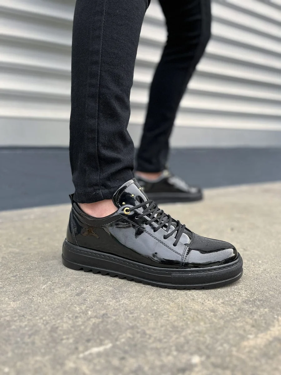 JY152 Cool Bağcıklı Rugan Erkek Günlük Spor Klasik Ayakkabı RST - Siyah