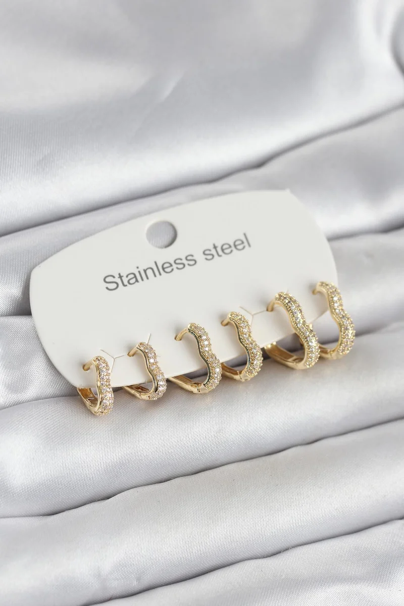 316L Çelik Gold Renk 6'lı Set Kalp Form Kadın Küpe