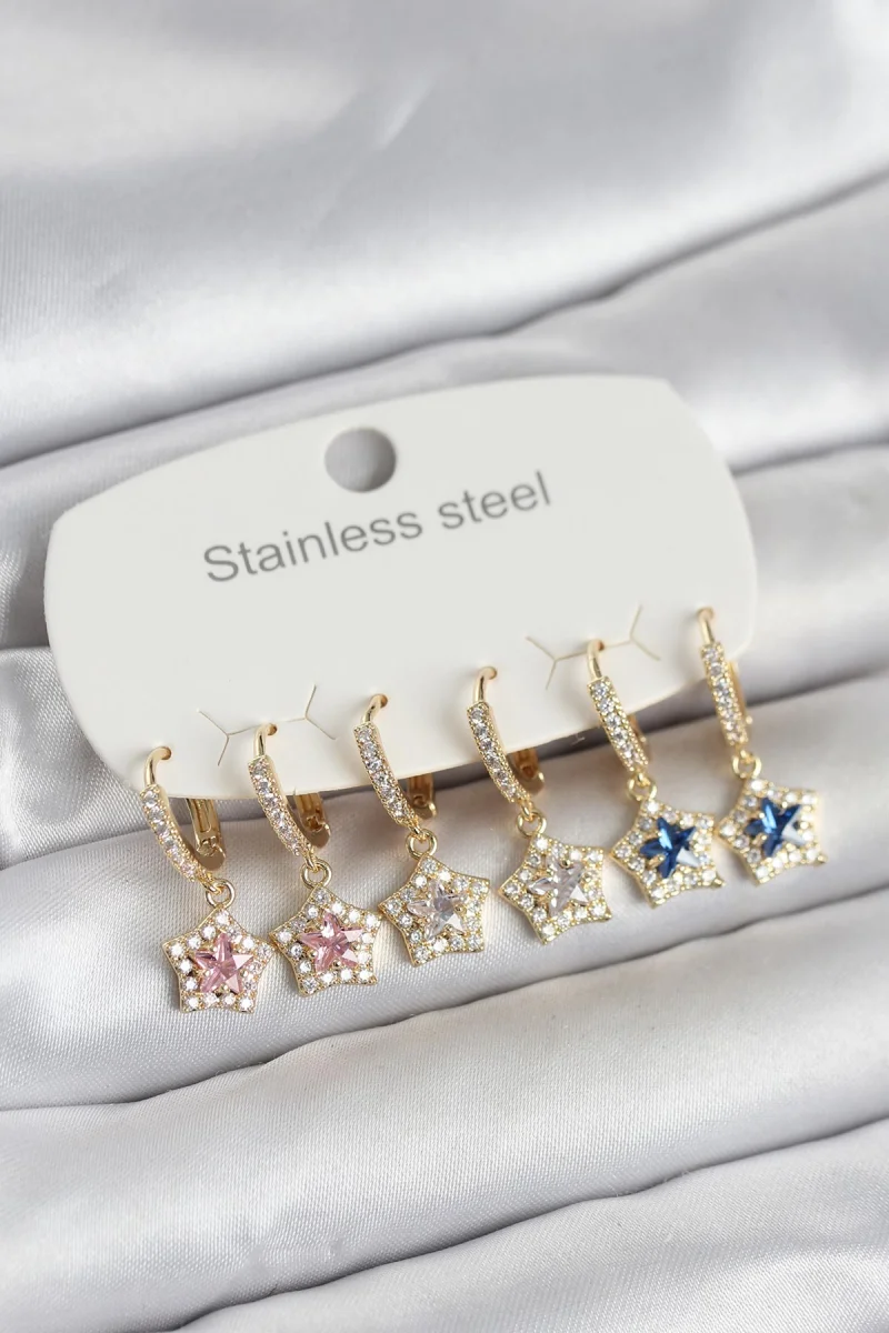 316L Çelik Zirkon Taşlı Yıldız Form 6'lı Set Kadın Küpe