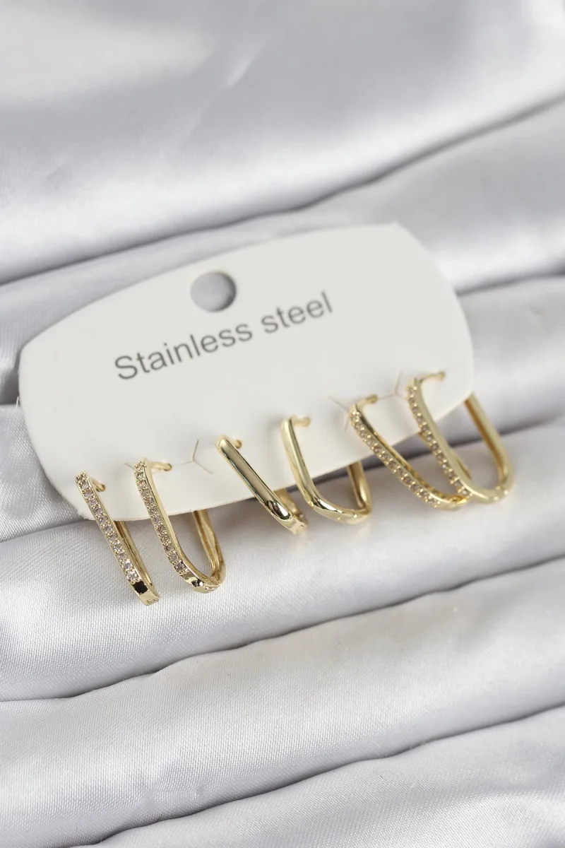 316L Çelik Gold Renk 6'lı Set Geometrik Model Kadın Küpe