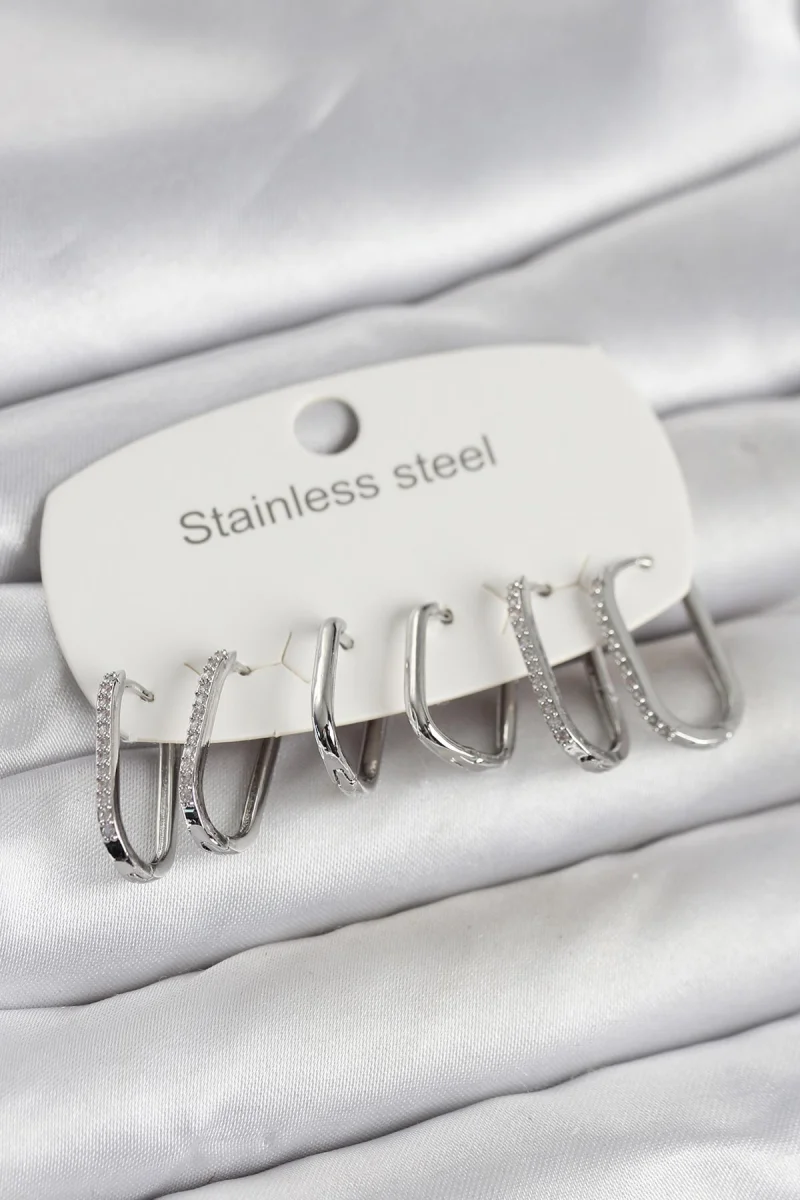 316L Çelik Gümüş Renk 6'lı Set Geometrik Model Kadın Küpe