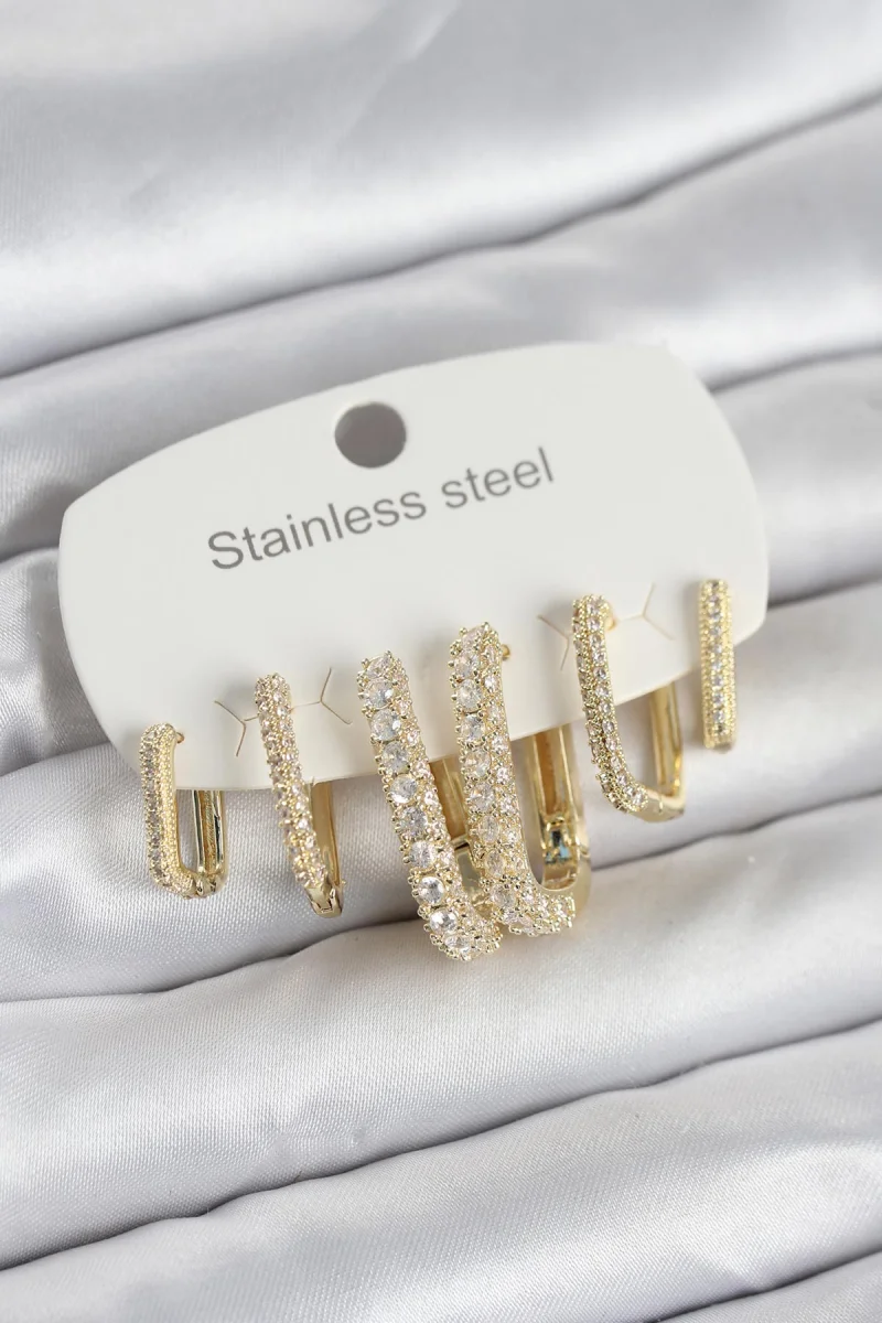 316L Çelik Gold Renk 6'lı Set Zirkon Taşlı Kadın Küpe