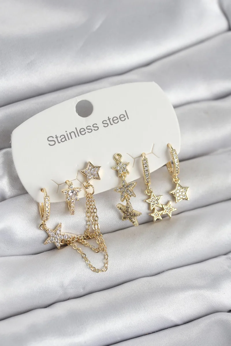 316L Çelik Gold Renk 6'lı Set Zincirli Yıldız Modelli Kadın Küpe