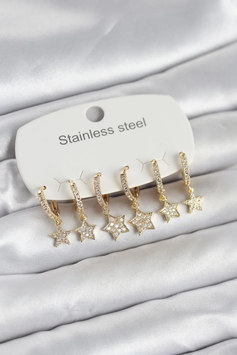 316L Çelik Gold Renk 6'lı Set Yıldız Model Kadın Küpe