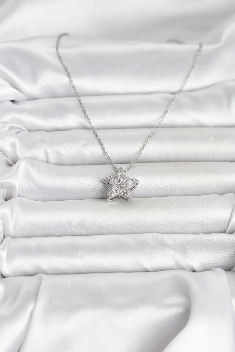 316L Çelik Zincir Gümüş Renk Zirkon Taşlı Yıldız Model Kadın Kolye